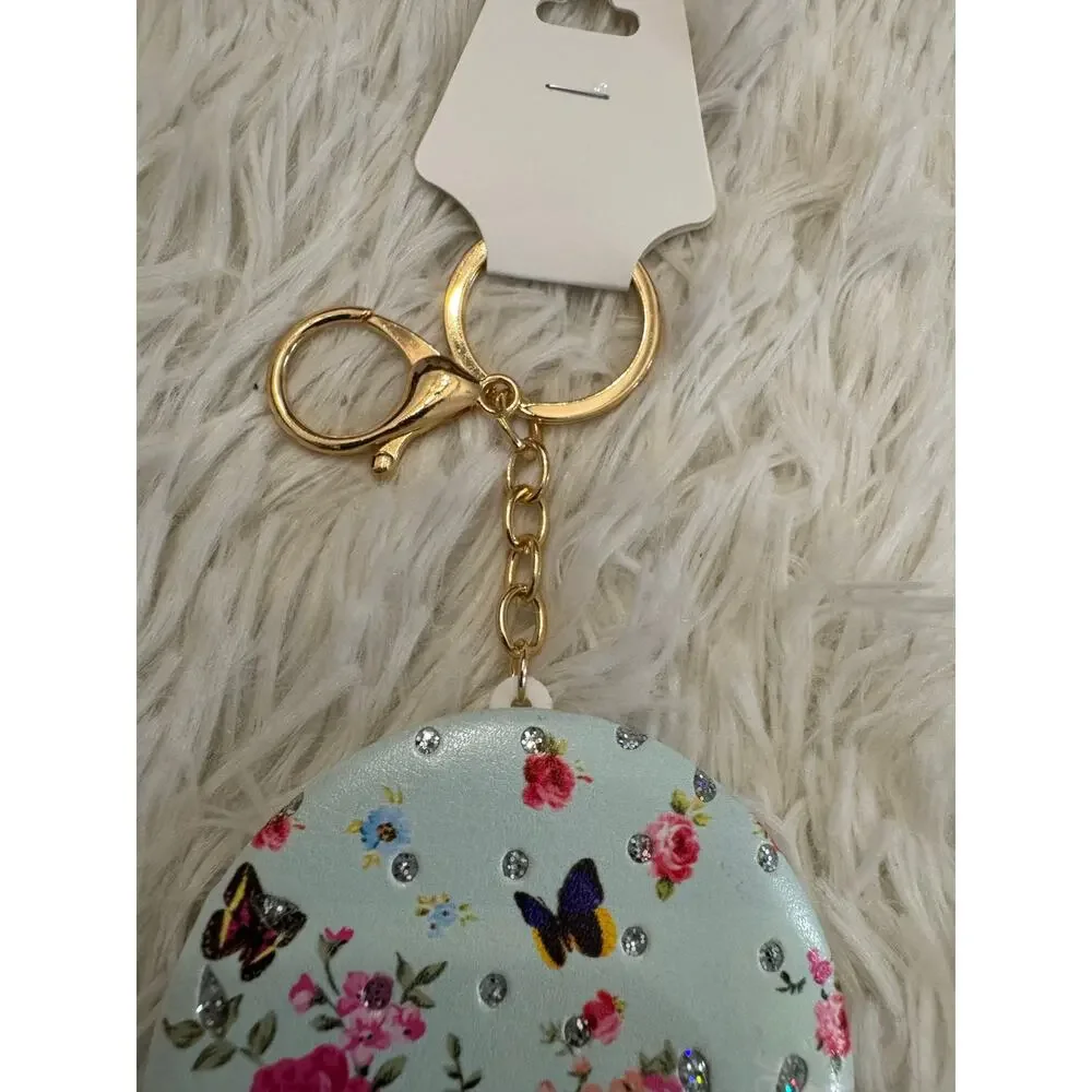 Doble side mirror keychain cushion design flower butterfly with sparkles green